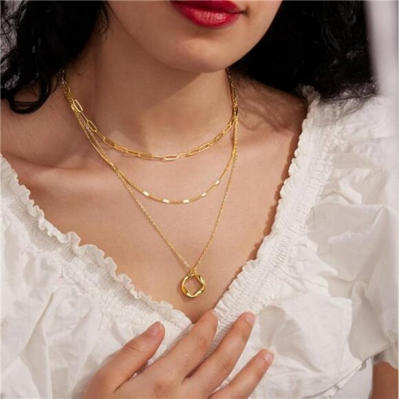 Layered Gold Necklace Set Dainty Paperclip Chain Cross Circle Pendant Jewelry - Picture 3 of 8